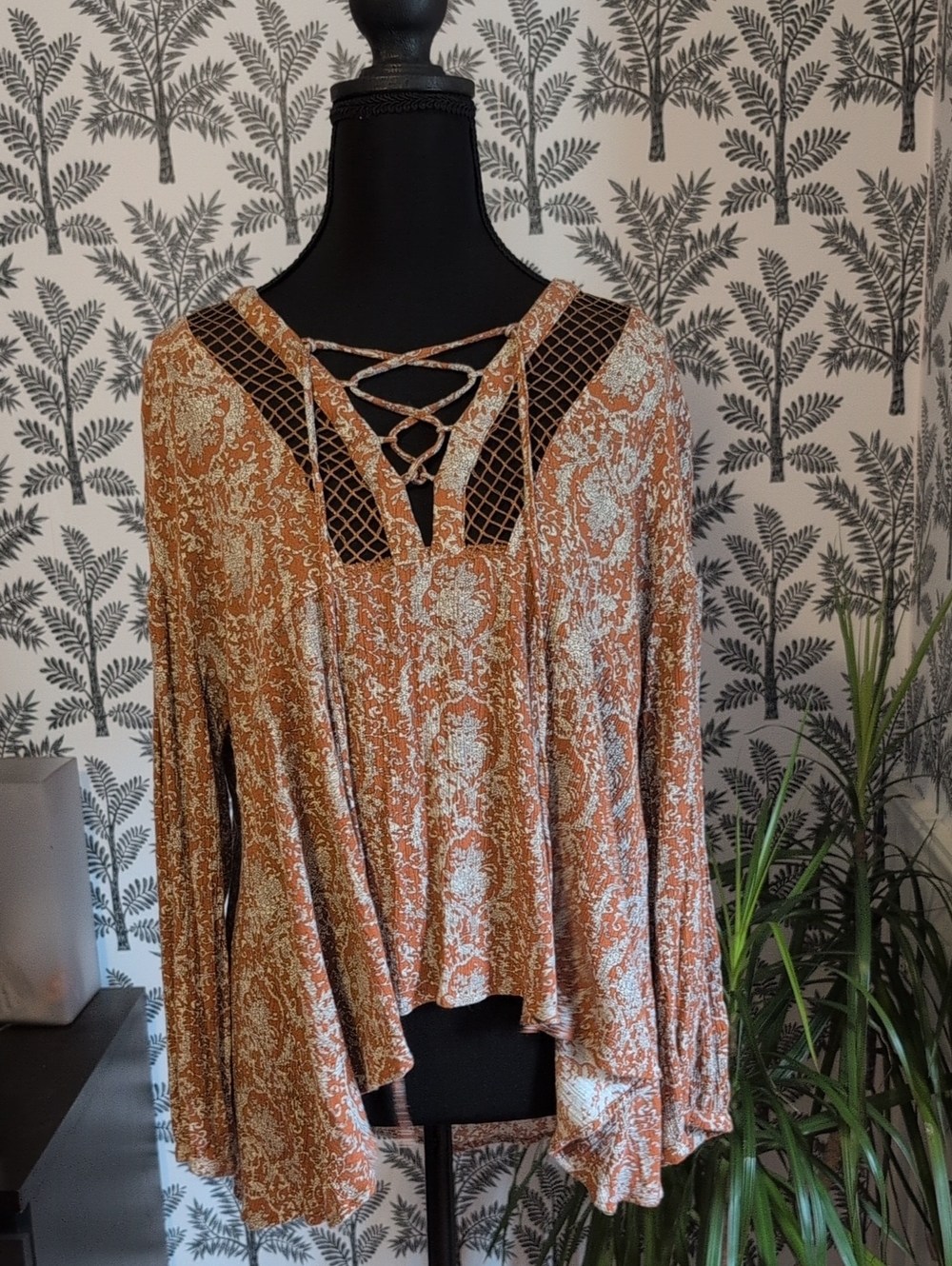 Gilded Intent Boho Lace-Up Rust Long-Sleeve Hi-low Top